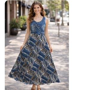 Denim and fabric sleeveless boutique maxi dress